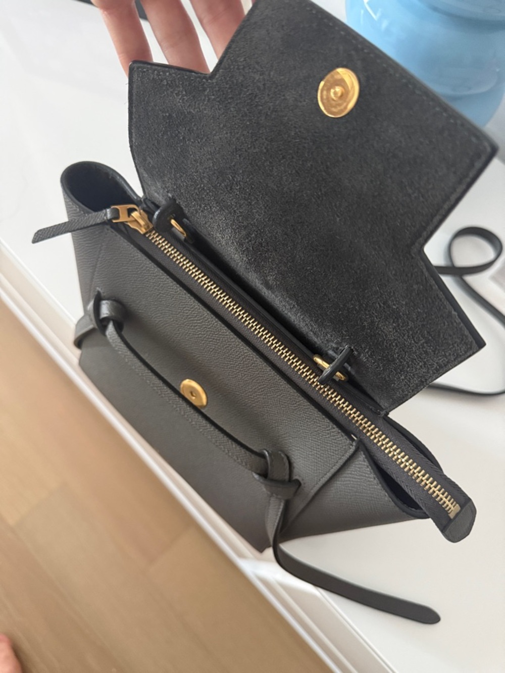 Celine Gray Pebbled Leather Tie-Handle Satchel - Picture 5 of 7